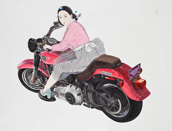김현정, '취향저격'. 한지 위에 수묵담채, 콜라쥬, 129 x 166cm. 2016.