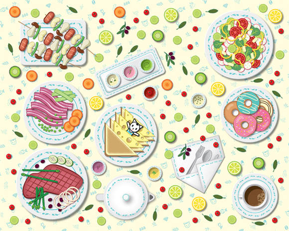 치키홍, '식사를 합시다 - 치즈토스트 담요'. 캔버스에 라텍스 잉크 프린트, 100 x 80cm. 2015.