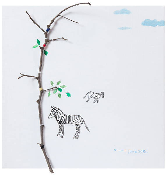 안영주, '무제(Untitled)'. 캔버스에 나뭇가지, 실, 오일, 31.8 x 31.8cm. 2016.