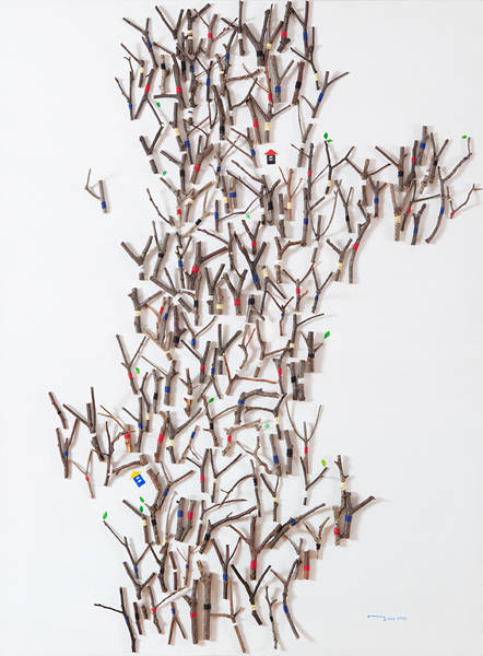 안영주, '무제(Untitled)'. 캔버스에 나뭇가지, 실, 오일, 130.3 x 90.7 cm. 2016.