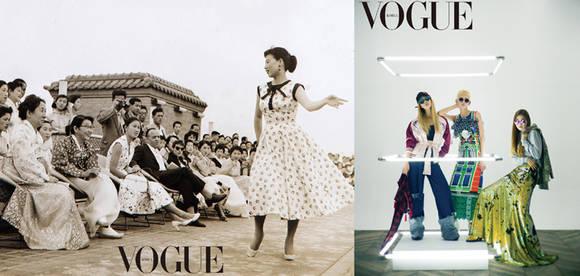 디자이너 노라 노가 1956년 반도 호텔 옥상에서 국내 최초로 패션쇼를 열었던 모습(왼쪽)과 2010년대 현재 패션 관련 이미지.(사진=보그 코리아)