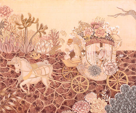 정유림, '마차 탄 말'. 장지에 분채, 72.5 x 60cm. 2015.