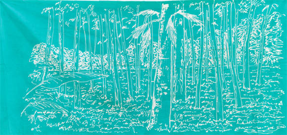 이완, '산과 숲'. 면에 바틱, 102 x 49cm. 2016.