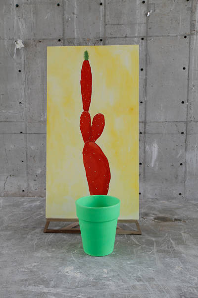 필승, '화분에 주황색 선인장'. 혼합재료, 2016.