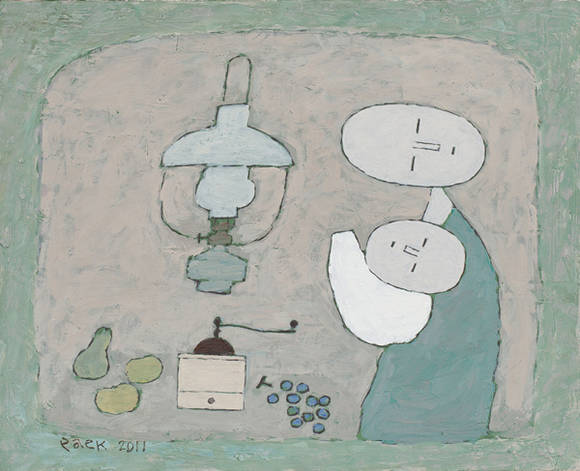 백영수, '정물이 있는 모자(Mother and child with still life)'. 캔버스에 오일, 33 x 41cm. 2011.