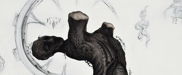 박찬상, '성(Gender)'. 광목 위에 콘테, 아크릴, 201 x 114 부분, 2015.