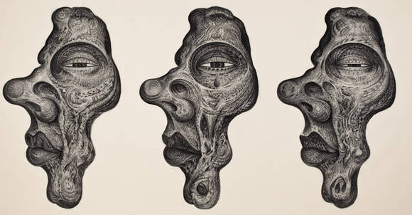 박찬상, '마스크'. 광목 위에 콘테, 145 x 281, 2015.