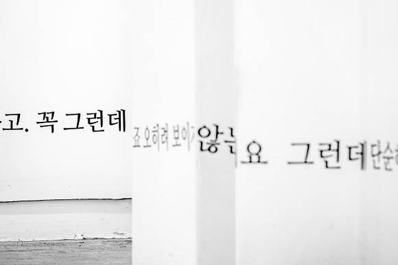 김보경 큐레이터의 전시'5×5=25'의 전시 일부 모습. 5명 작가가 만들어 낸 25개 문장들이 전시장 벽에 보인다.(사진=서울시립미술관)