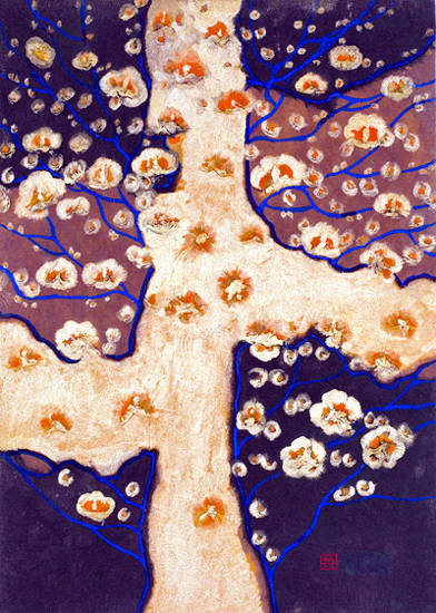 오귀애, '나의 나무'. 한지 줌치기법에 금분채색, 59 x 86cm.