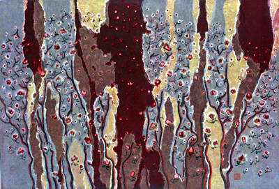 오귀애, '숲속(가을)'. 한지 줌치기법에 채색, 86 x 59cm.