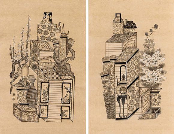 최정희, '북 바이(by) 먹'. 분채, 78 x 50cm(각). 2016.