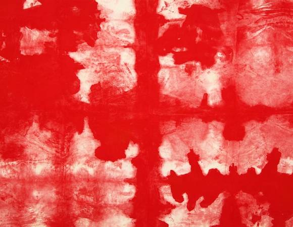 이보람, '1100'. 리넨에 피크먼트, 홍화씨유, 테레핀과 기타 보조제를 섞어만든 총, 1100ml의 물감, 112 x 145cm. 2016.