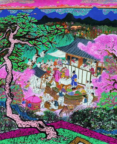 이동식, '잔치날'. 화선지에 먹, 아크릴, 162 x 130cm.