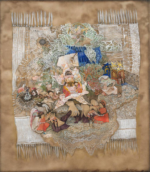 김정향, '타니산 견문록 - 새로 짠 수건'. 옻칠 종이에 채색, 106 x 91cm. 2016.