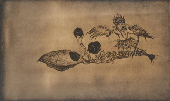 김정향, '타니산 견문록 - 숟가락 2'. 옻칠 종이에 먹, 37 x 61cm. 2016.