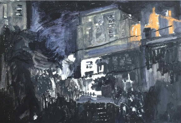 박정경, '이상한 낮, 모르는 밤_9층'. 27 x 40cm, 종이에 오일. 2016. (사진 = 창작문화공간여인숙)