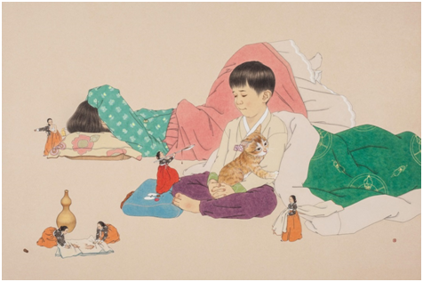 신선미, '당신이 잠든 사이'. 장지에 채색, 18,79 x 120cm. 2016.