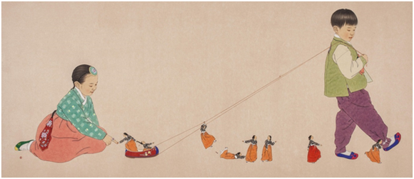 신선미, '다시 만나다'. 장지에 채색, 81 x 186cm. 2016.