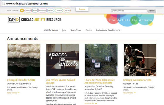 '시카고 예술가 자원(www.chicagoartistsresource.org)' 사이트 화면. 예술과 관련된 사이트를 끌어 모은 공간이다.(사진=바바라 코에넨)
