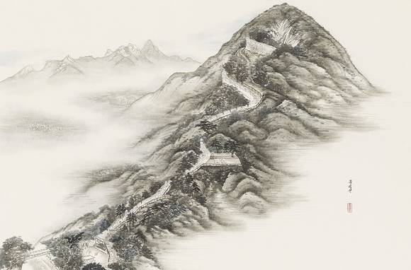 진희란, '북악산성곽길'. 순지에 수묵담채, 52 x 79.5cm. 2016.