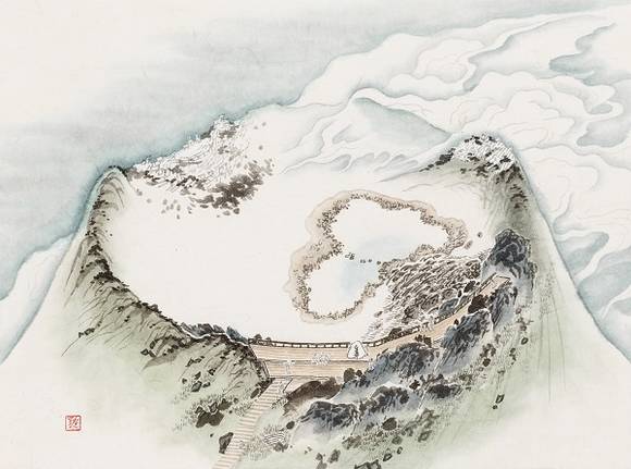 진희란, '백록담'. 순지에 수묵담채, 29.5 x 39.5cm. 2016.