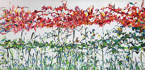 이진아, '흔들리는 꽃결'. 장지에 채색, 호분, 색연필, 194 x 390cm. 2016.