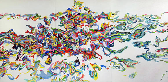 이진아, '흐르는 그것은'. 장지에 채색, 호분, 색연필, 194 x 390cm. 2016.