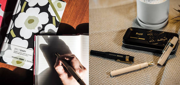 대림미술관이 설립 20주년을 맞아 브랜드 컬래버레이션 아트상품으로 마리메꼬 다이어리(왼쪽)와 카웨코 만년필을 선보인다.(사진=대림문화재단)