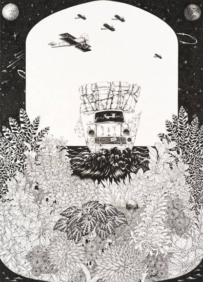 김태형, '38살에 - 탐구생활. 잘살아보세'. 장지, 먹, 65 x 90cm. 2014.