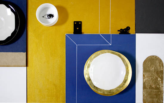 김선애, '병풍(Polyptyque)'. 본차이나, 에나멜 페인팅, 러스터, 골드, 110 x 30 x 2cm. 2016.