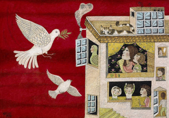 김혜연, '비둘기집'. 70 x 50cm, 요철지에 채색. 2012. (사진 = 청화랑)