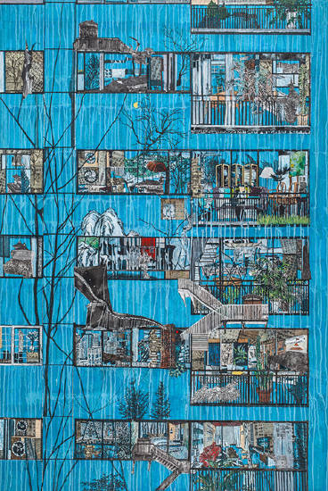 권인경, '타인의 방'. 한지에 고서 콜라주, 수묵채색, 아크릴, 188 x 125cm. 2016.