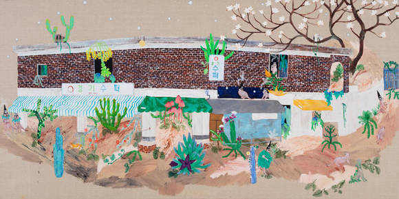 김한울, '경기수퍼'. 캔버스에 흙, 아크릴릭, 193.9 x 112.1cm. 2016.