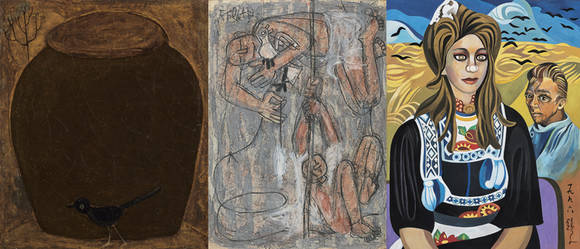 (왼쪽부터)장욱진의 '독', 이중섭의 '두 아이와 비둘기', 천경자의 '고흐와 함께'.(사진=서울옥션)