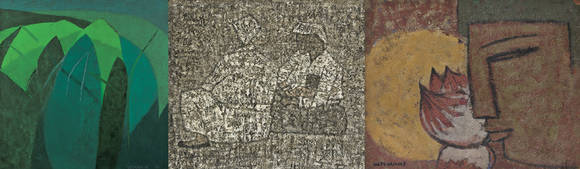 (왼쪽부터)유영국의 ‘워크(Work)’, 박수근의 ‘노상’, 김환기의 ‘부다(Buddha)’.(사진=서울옥션)