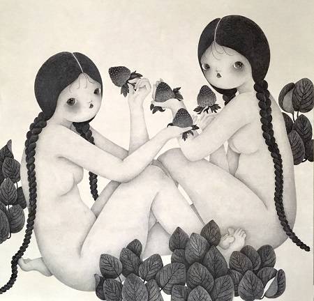 박성옥, ‘딸기밭 위의 점심식사’. 실크 위에 드로잉, 91 x 91cm. 2017.