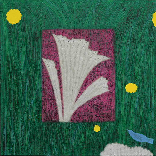 이기숙, '서로 마주보다'. 캔버스에 한지, 흙과 채색, 80 x 80cm.