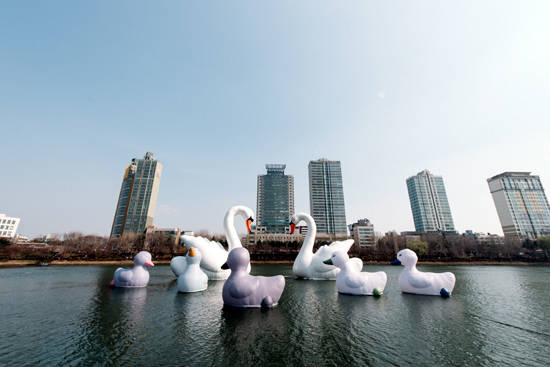 높이 14~16m의 엄마, 아빠, 그리고 아기 백조까지 '스위트 스완' 가족이 석촌 호수에 떴다.(사진=롯데갤러리)