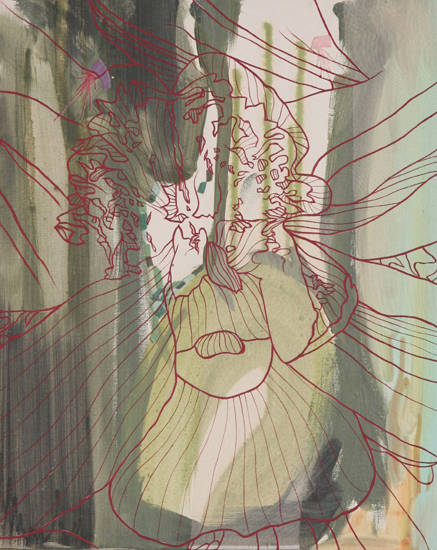 정윤영, '식물'. 면 바탕에 유화, 수채, 과슈, 비단 꼴라쥬, 53 x 46cm. 2016.