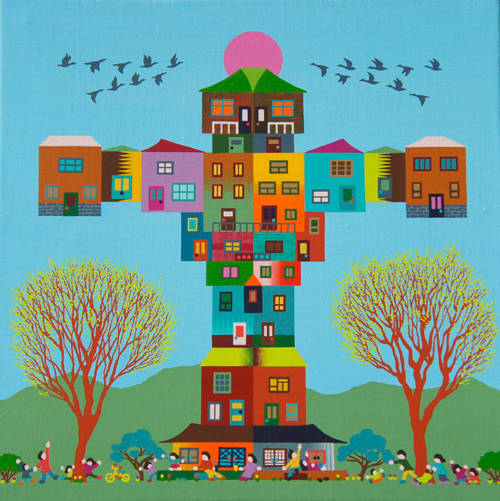 손경진, '초봄빛의 마을'. 캔버스에 아크릴 과슈, 25 x 25cm. 2017.