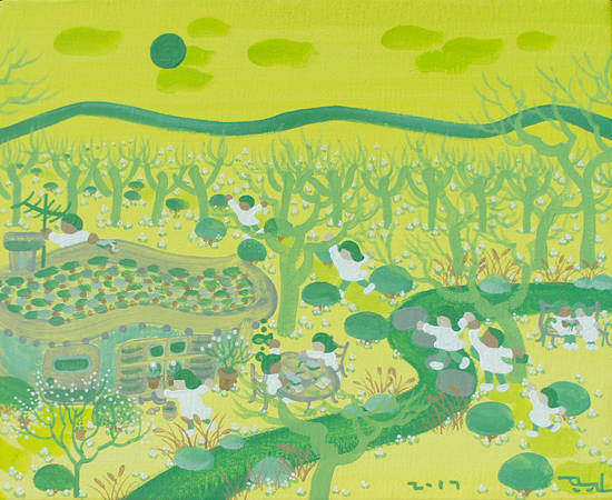 손경진, '봄빛의 마을'. 캔버스에 아크릴 과슈, 27.3 x 22cm. 2017.