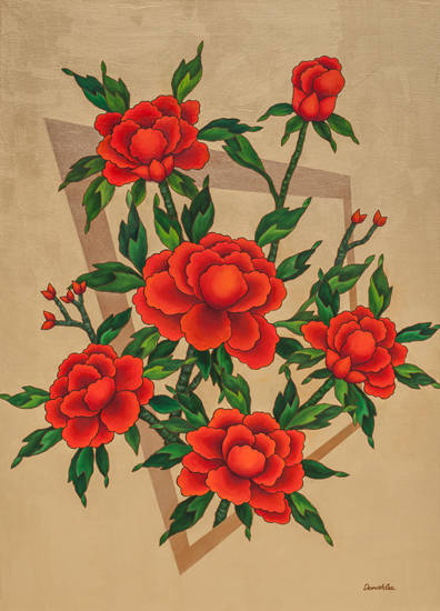 이돈아, '영화(榮華) - 타임 앤 스페이스(Time and Space)'. 캔버스에 아크릴릭, 스톤 파우더, 오일 페인팅, 72.7 x 90.9cm. 2017.