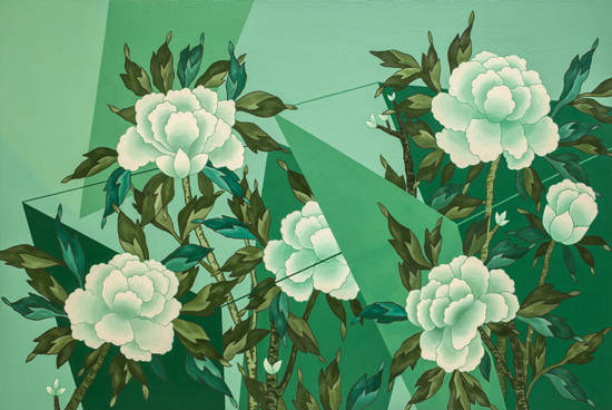 이돈아, '영화(榮華) - 타임 앤 스페이스(Time and Space)'. 캔버스에 아6.크릴릭, 스톤 파우더, 145.5 x 97cm. 2016.