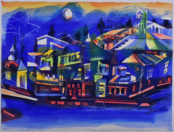 미겔 베탕크루, ‘봄 지붕과 달’. 수채화, 57 x 77cm. 2017.(사진=슈페리어갤러리)