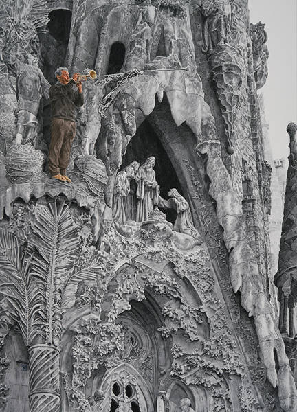 최영걸, ‘바르셀로나의 찬송(Glorification at Barcelona)’. 아티스티코지에 수묵담채, 74.5 x 54cm. 2017.